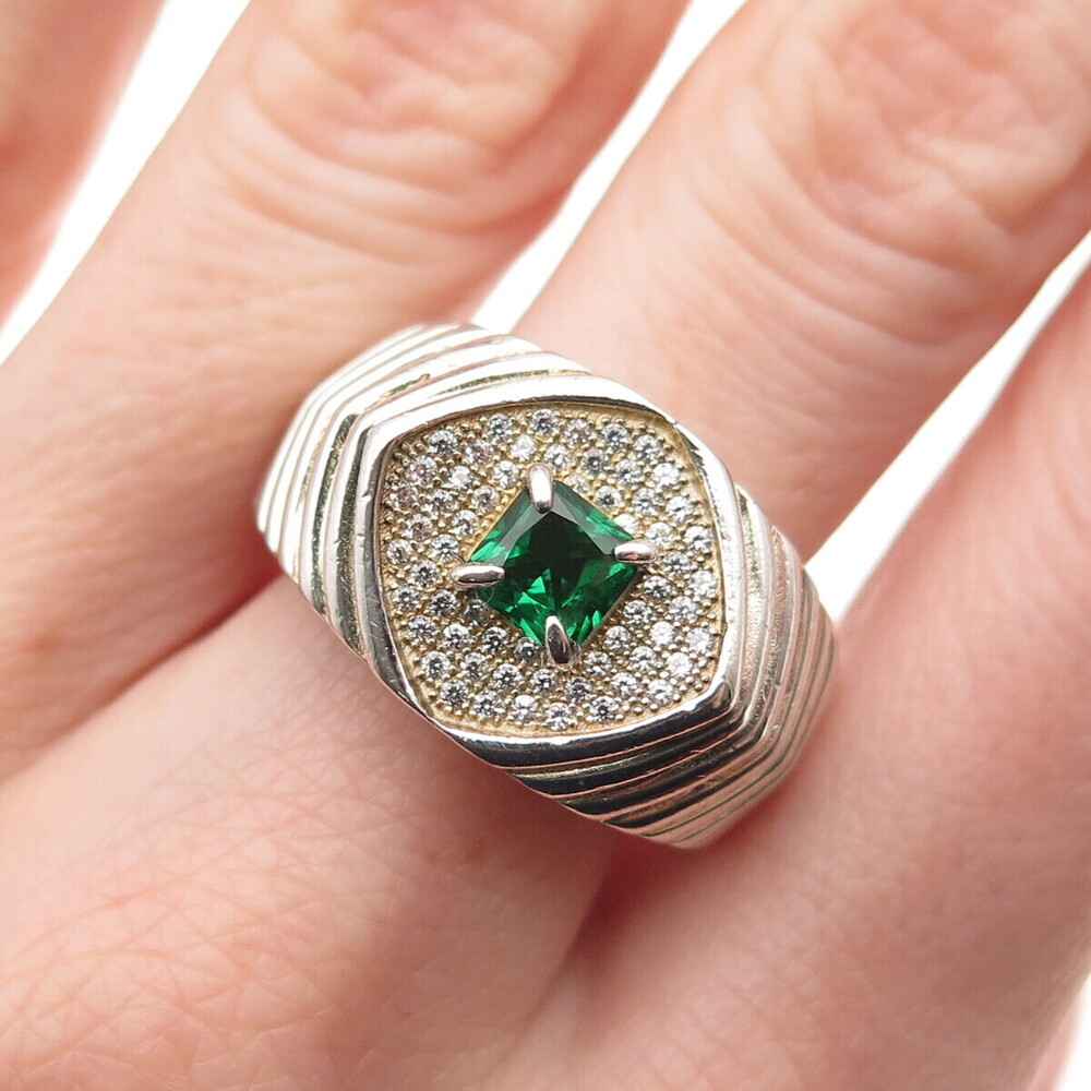 925 Sterling Silver Real Chrome Diopside & C Z Ribbed Ring Size 9.25